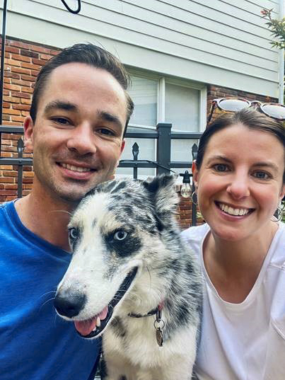 photo of Rachel Mangiore, husband and dog Layla