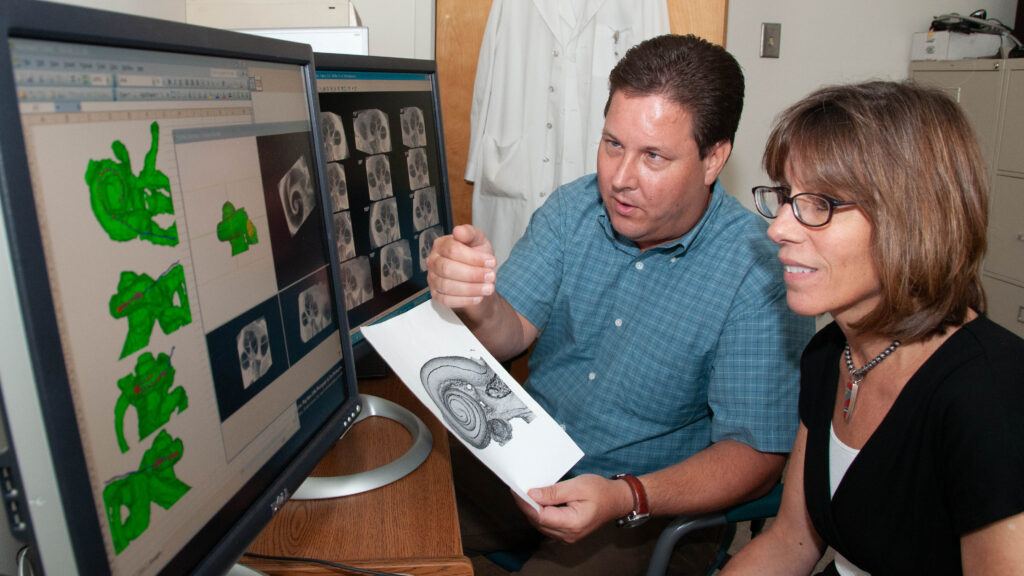 Tim Holden reviews cochlear implant placement images.